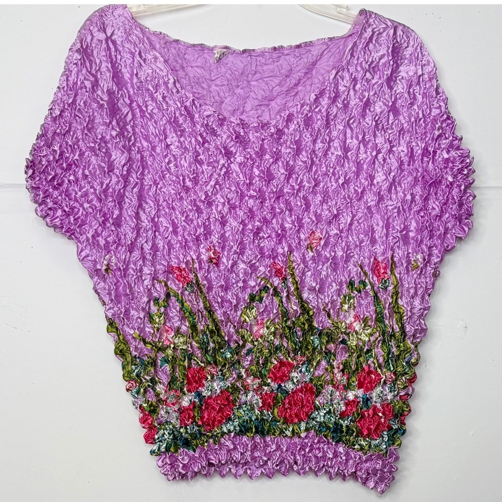 F.C. Popcorn Bubble Sz S-L Purple Floral Vintage Y2K Crinkle Top Cottage‎